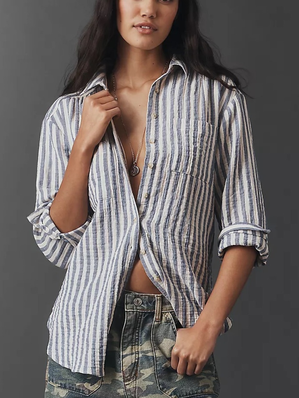 Pilcro Anthropologie Hadley 100% Cotton Striped Buttondown Shirt in Blue